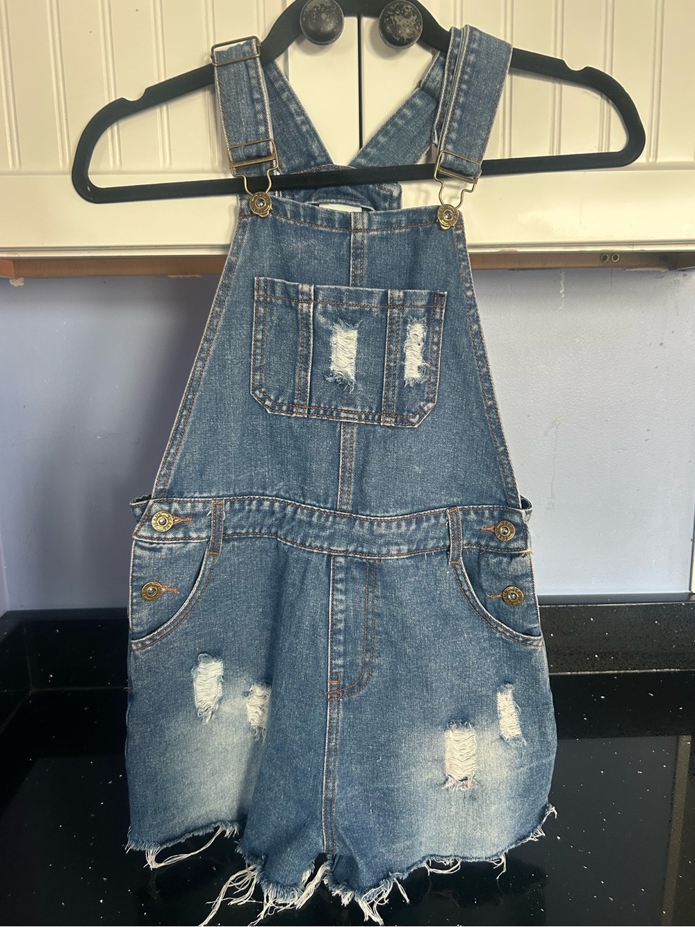 Kidscool Space Distressed Denim Short Overalls | Girls XL 14/16